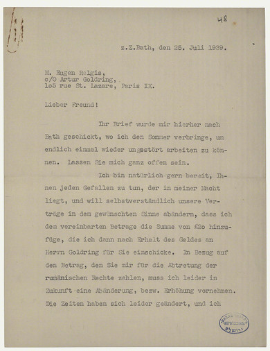 Letter: Stefan Zweig to Eugen Relgis
