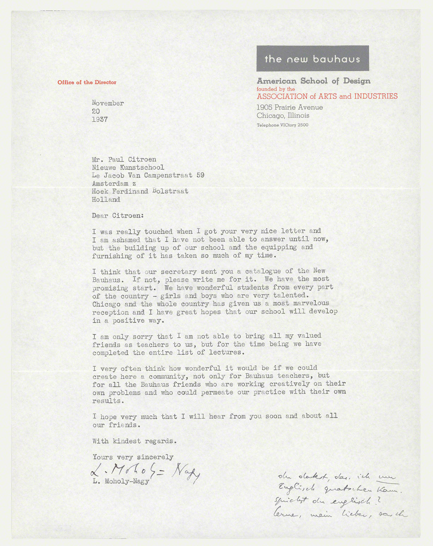 Künste im Exil - Objekte - Brief von László Moholy-Nagy an Paul