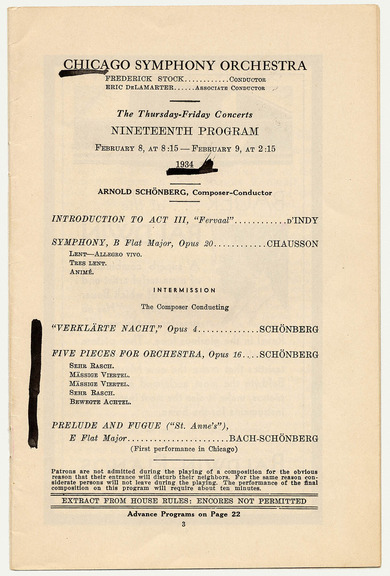 Programmzettel: Arnold Schönberg, Chicago Symphony Orchestra 1934