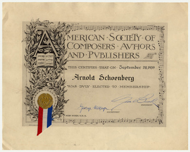 Mitgliedsurkunde: Arnold Schönberg, American Society of Composers, Authors and Publishers