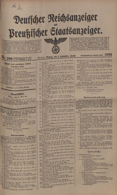 Ausbürgerungsliste, Deutscher Reichsanzeiger, 5. September 1938