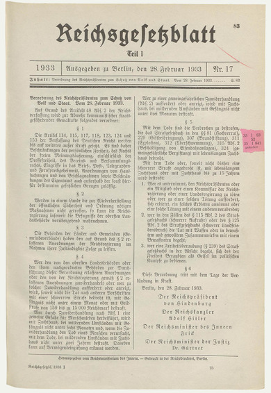 Reichsgesetzblatt vom 28. Februar 1933