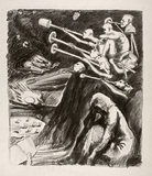 Ludwig Meidner, Ohne Titel (düstere Landschaft mit verhüllter Figur und sieben Posaunenbläsern), um 1938, Kohle, 69,8 x 60,9 cm