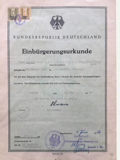 Robert Hans Olschwangers Einbürgerungsurkunde