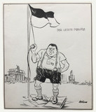 Zeichnung: Franz Josef Strauß in Lederhosen steht zwischen Brandenburger Tor und Gedächtniskirche