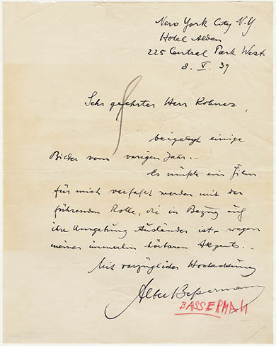 Letter from Albert Bassermann to Paul Kohner