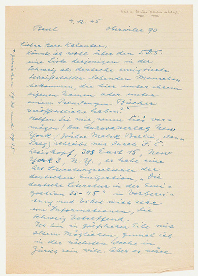 Manuscript: Alexander Moritz Frey, letter to Ossip Kalenter