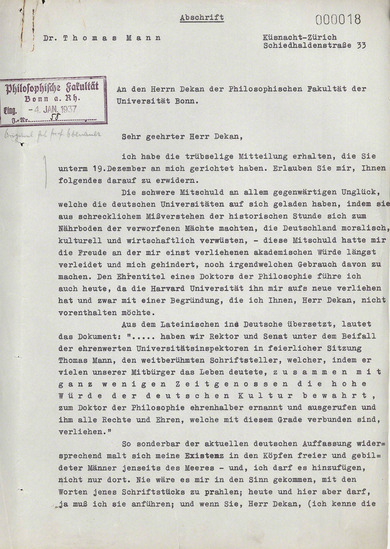Letter: Thomas Mann to the University of Bonn