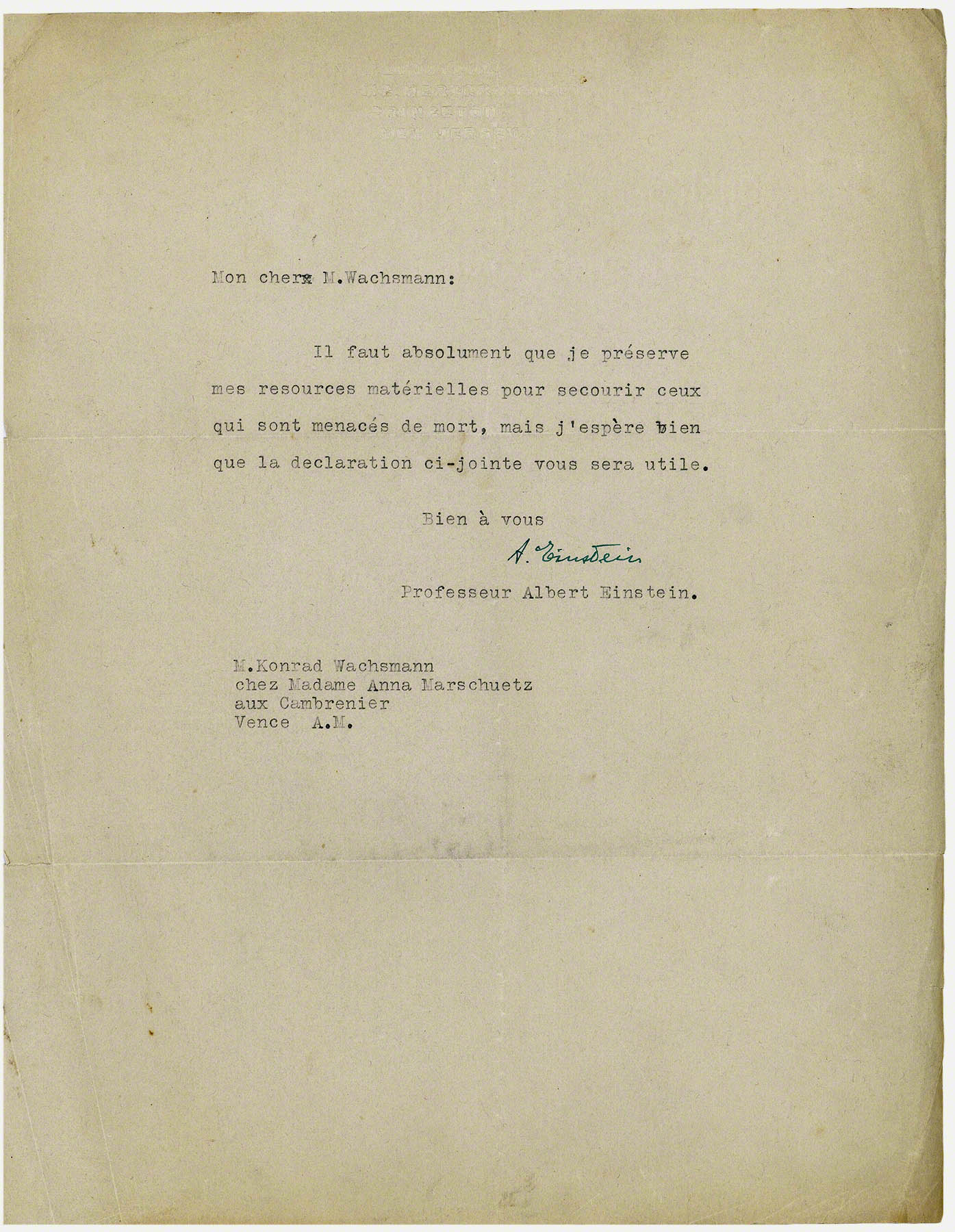 Letter: Albert Einstein, recommendation for Wachsmann