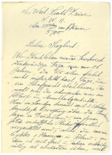 letter from Ludwig Meidner to Siegbert Prawer dated May 3, 1945