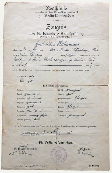 Secondary school leaving certificate, Berlin-Wilmersdorf, 1921